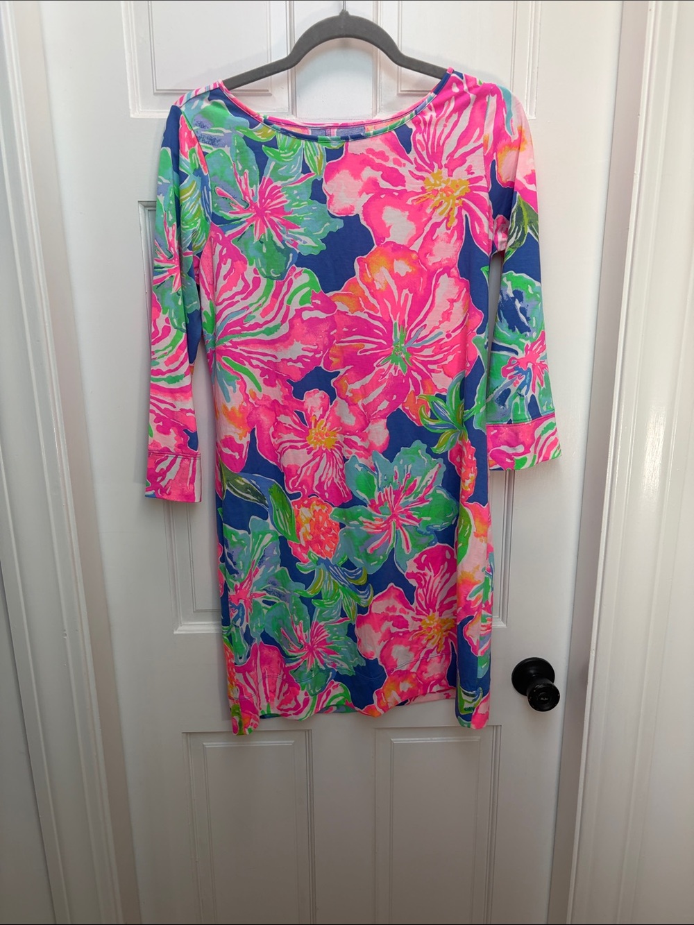 Lilly Pulitzer Neon Floral Long Sleeve Shift Dress in Pink and Blue